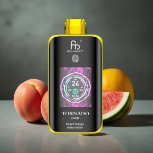 Fumot Tornado 25000 Puffs Recarregável com Tela HD e Sabor Pêssego Manga Melancia
